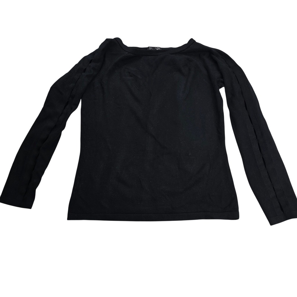 Tahari Split‎ Sleeve Knit Top Women Size S Black Good Boat Neck Long Sleeve